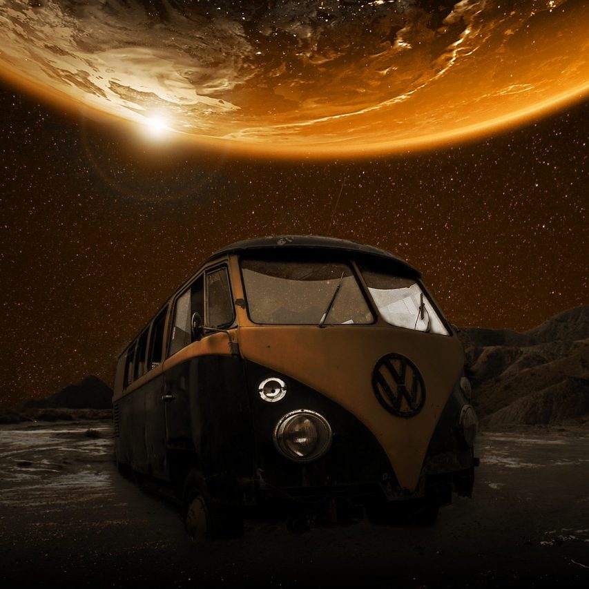 Digital art of a VW van in an alien landscape at night, with rocky terrain and a large, dark orange moon hovering above it, taking up most of the sky. (image by SteelCityzen on Pixabay)